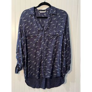 LFT Button Down Top XLarge Blue Divers Print Adjustable Long Sleeve Pocket Front